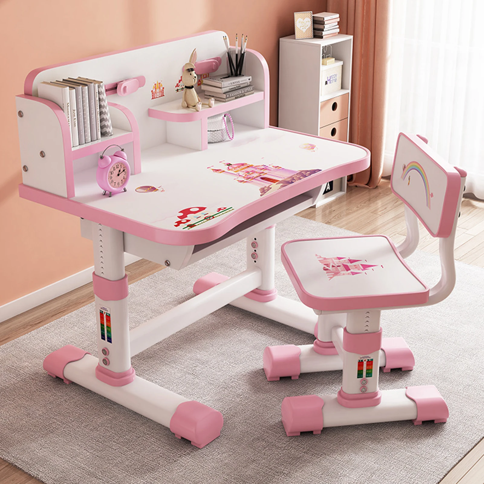 Height Adjustable Children School Study Table Chair Set with Cartoon Pattern Ergonomic Desk Chair with Large Writing Board