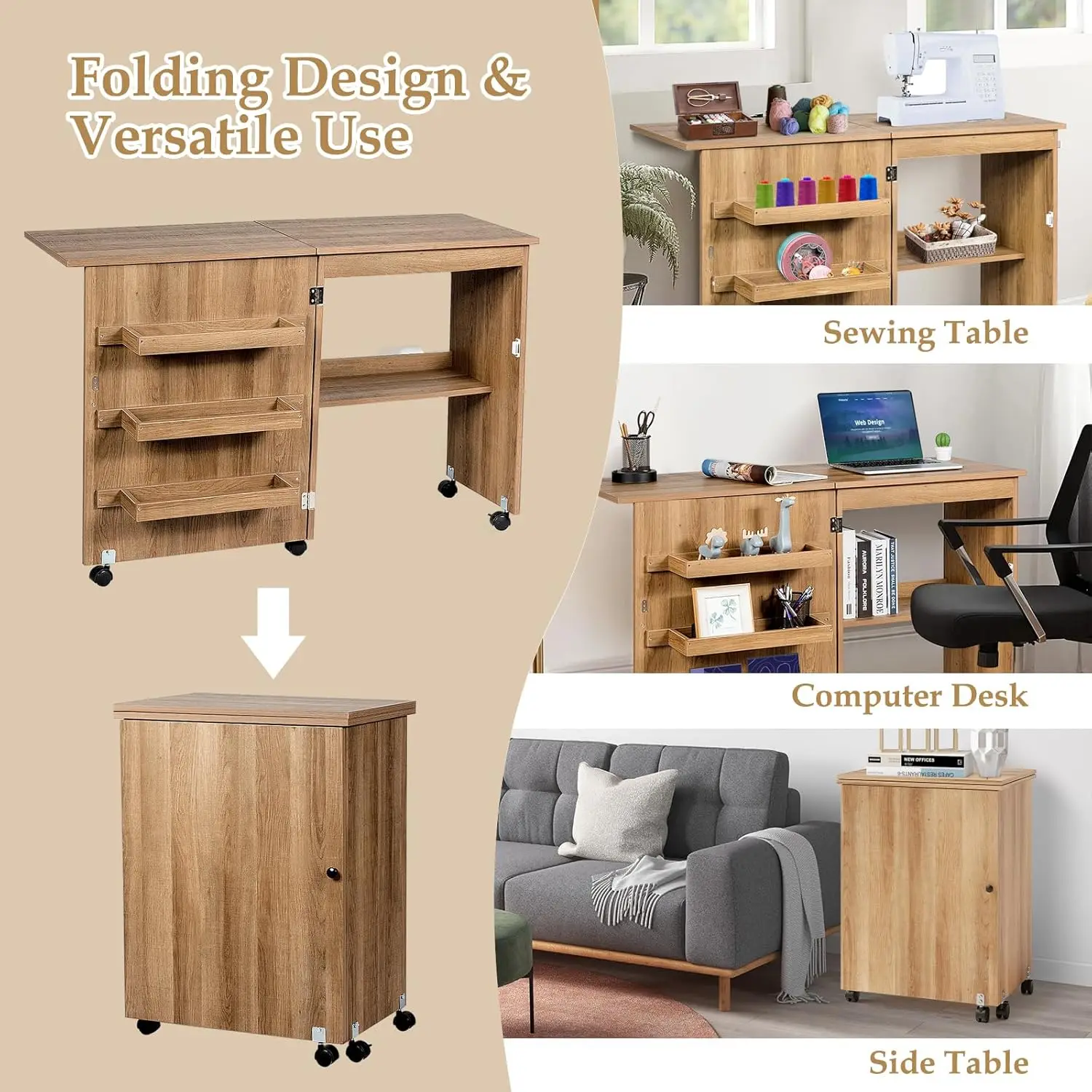 Costway Folding Sewing Table, Multipurpose Craft Station Desk, Display Cabinet With Shelves Storage, Lockable Wheels, Rolling 4