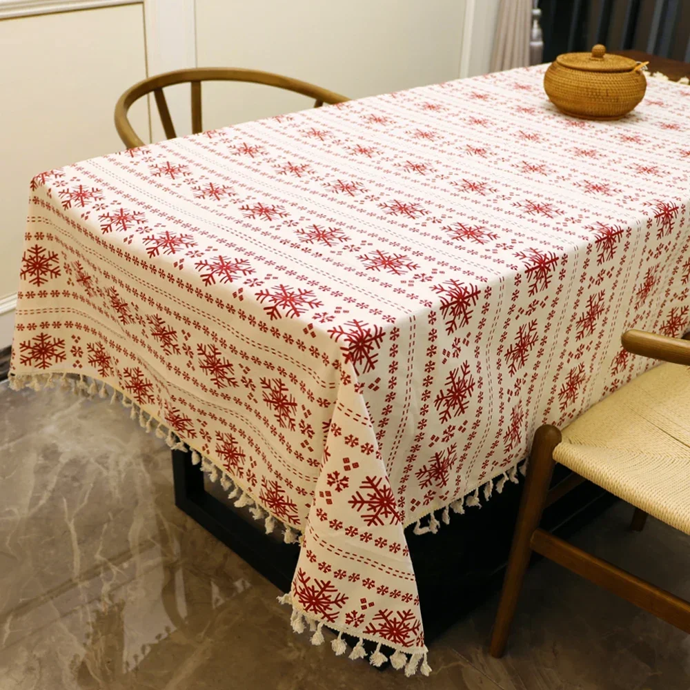 

QWE123 Christmas Linen Tablecloth With Tassel Table Cloths Desk Cover Rectangular for Xmas New Year Party Decoration Home Textil