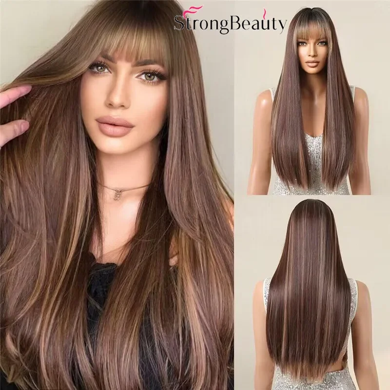 

StrongBeauty Длинные прямые парики с аккуратной челкой синтетические женские волосы черный серый парик