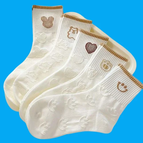 

5 Pairs Spring and Summer Socks for Women Versatile Internet Celebrities Cute College Style Women’s White Stockings