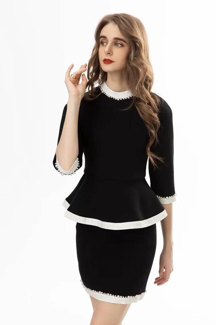 

High end 2024 Early Spring New Fashion Suit Standing Neck Beaded Waist Top Slim Fit Wrap Hip Half Dress Two Piece Set formal