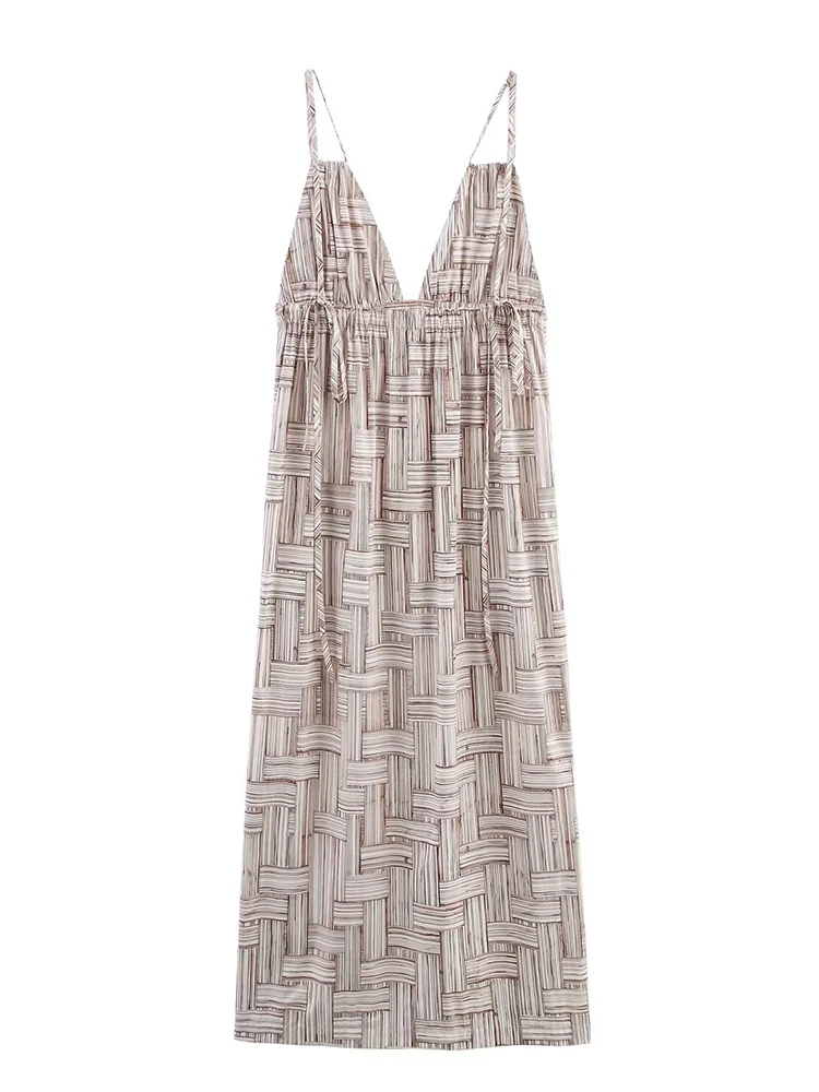 TFMLN Women V Neck Pleated Sling Long Dresses Summer New Sleeveless High Waist Backless Loose Dress 2025 Fashion Holiday Robes