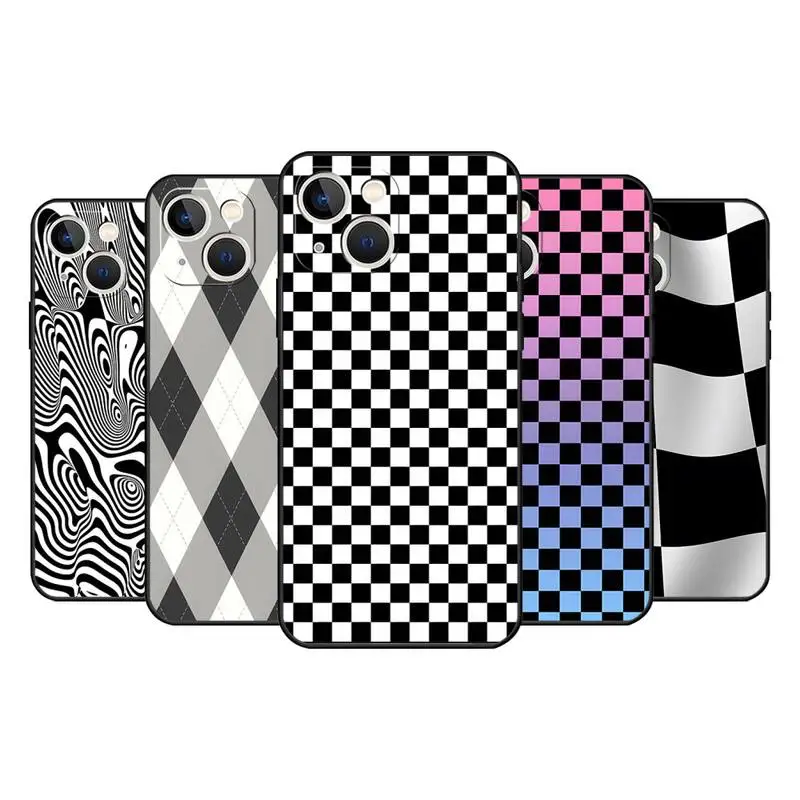 Black White Checkered Phone Case For Iphone 13 12 14 11 Pro Max Mini Xs X Xr 7 8 6 6S Plus Se 2020 Black Soft Silicone Cover