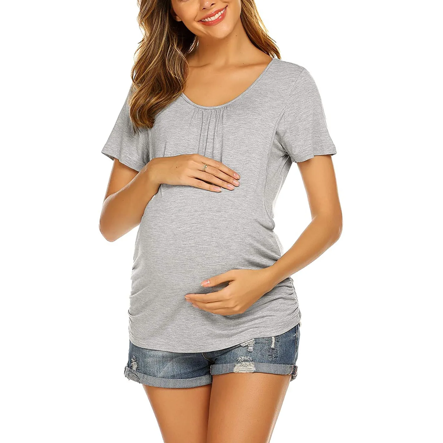 Womens Maternity Clothes Breastfeeding Clothing Short Sleeve Pregnant Clothes Pleated Side Open Pregnancy T-Shirt Top 3