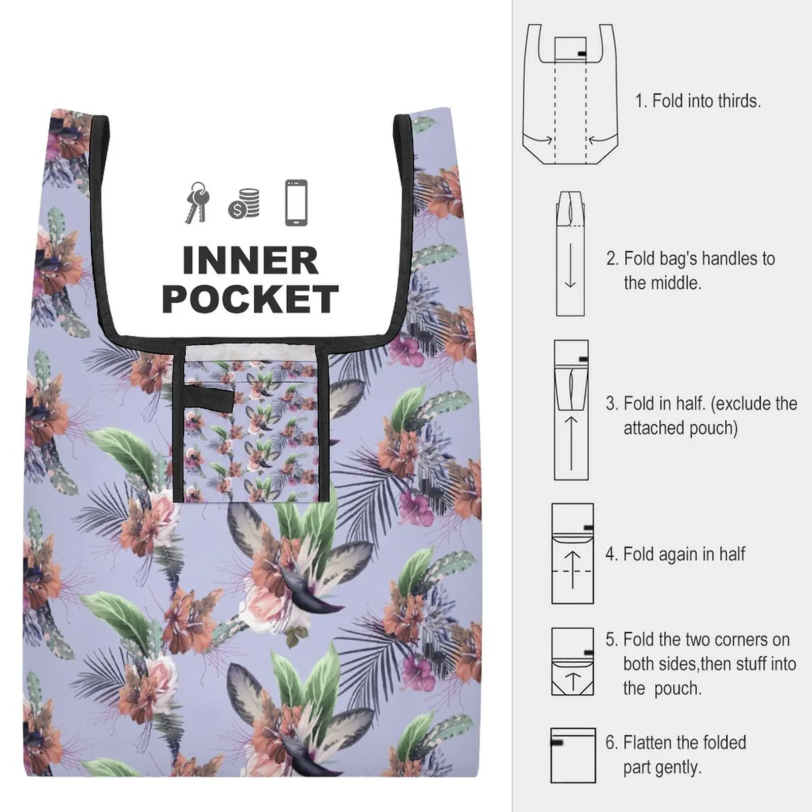 Purple Print Large Bag Custom Pattern Foldable Shopping Bag Travel Portable Reusable Folding Tote Bags Bag for Products