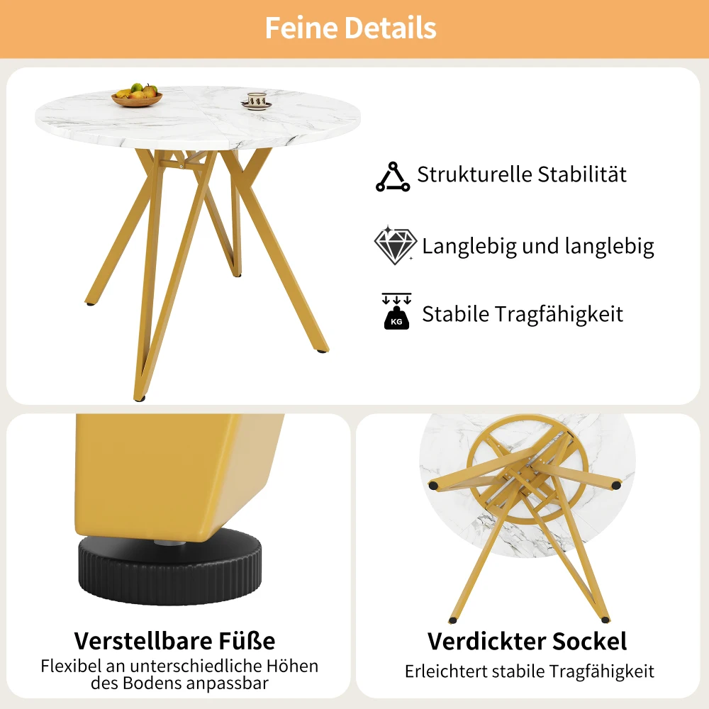 Runder Esstisch (100 x 100 x 76 cm), runder Couchtisch für 4 Personen, stilvolle Tischbeine aus Metall, Arbeitsplatte aus MDF-Marmor, für die Küche – Detail 13