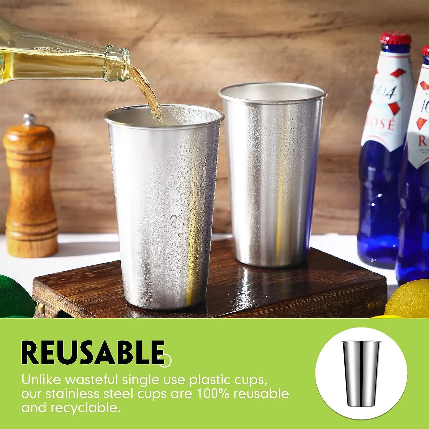 VINUR Lot De 4 Gobelets En Acier Inoxydable Empilables Pour Voyage, Camping, Extérieur - 473 Ml - Argenté