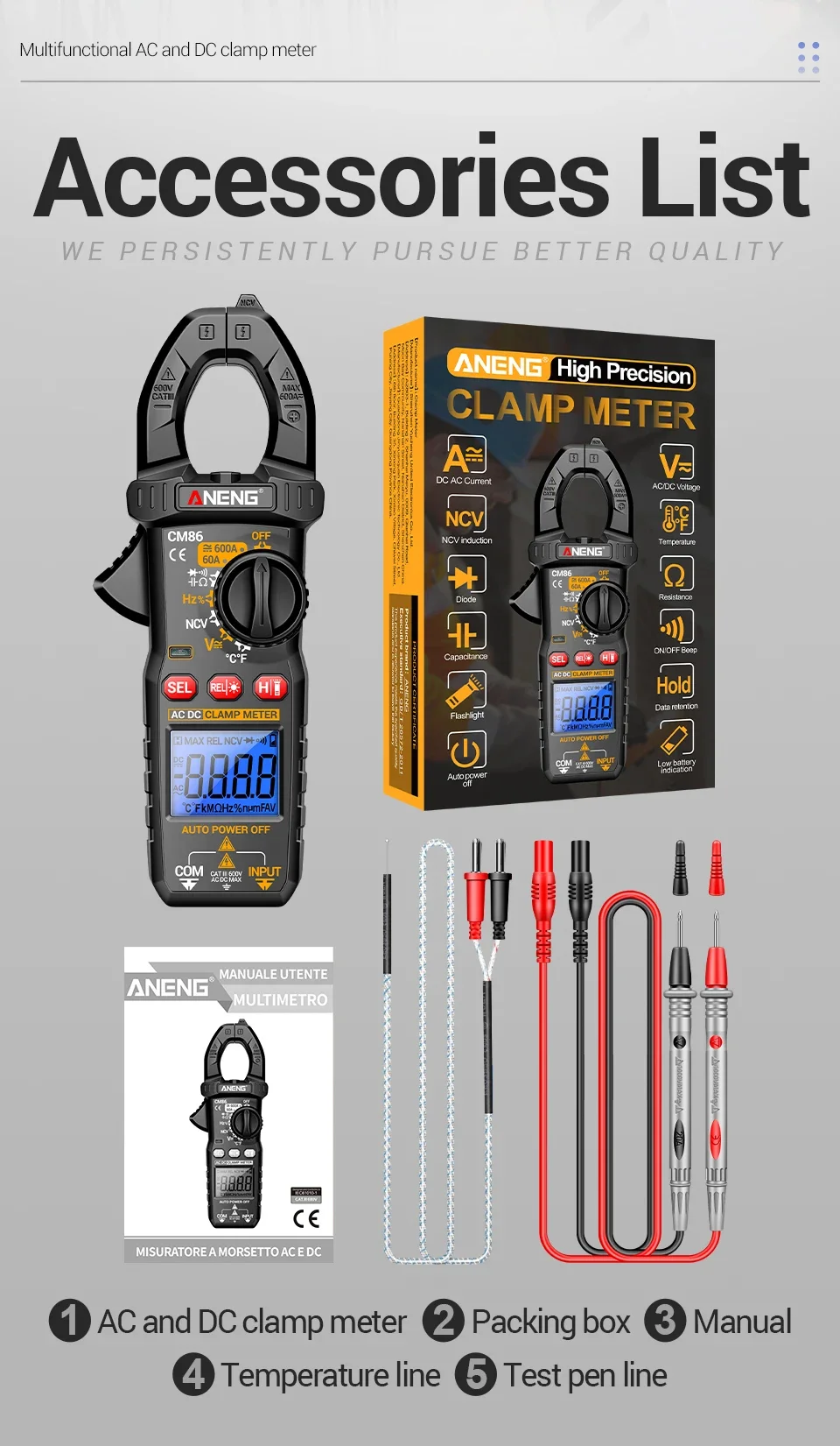ANENG CM86 Digitales Multimeter Stromzangenmessgerät 600A AC/DC Strom Spannung Diode NCV Spannungserkennung Professionelle Elektrikerwerkzeuge – Detail 13