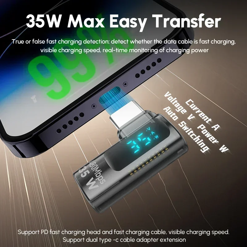 90도 140W 타입 C to 라이트닝 OTG 어댑터 35W 디지털 디스플레이 USB 커넥터 아이폰 16 15 14 13 프로 맥스 아이패드 테스터용