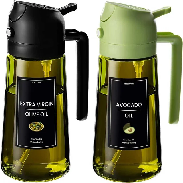 Distributeur d'huile d'olive, pulvérisateur pour la cuisson 2 en 1, vaporisateur et verseur, bouteille d'huile en verre vert foncé avec autocollants, pulvérisateur d'huile 16oz/470ml 1