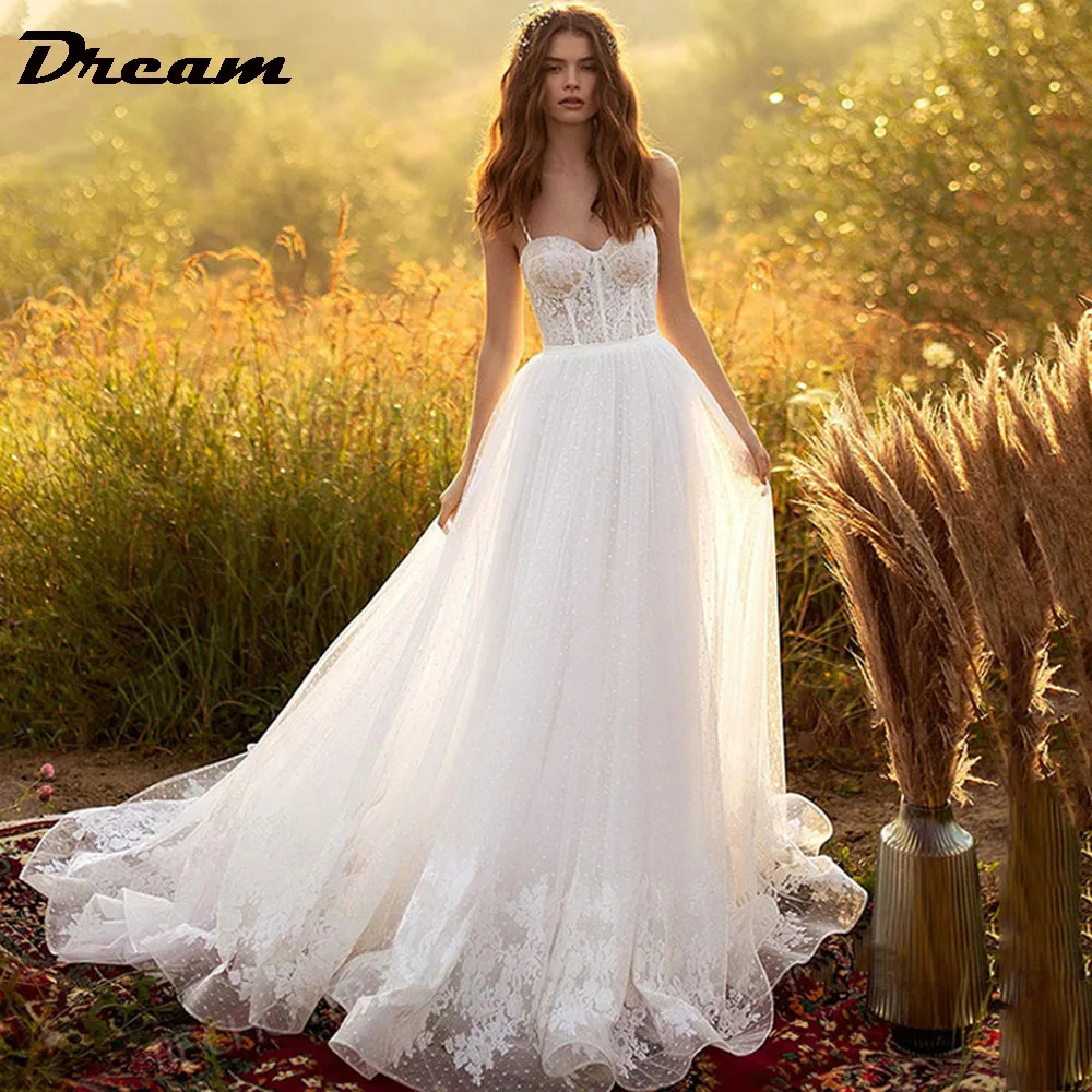 

DREAM Spaghetti Straps Spot Tulle Lace Wedding Dress A Line Sweetheart Sleeveless Boho Bride Gown 2023 Vestido de Noiva