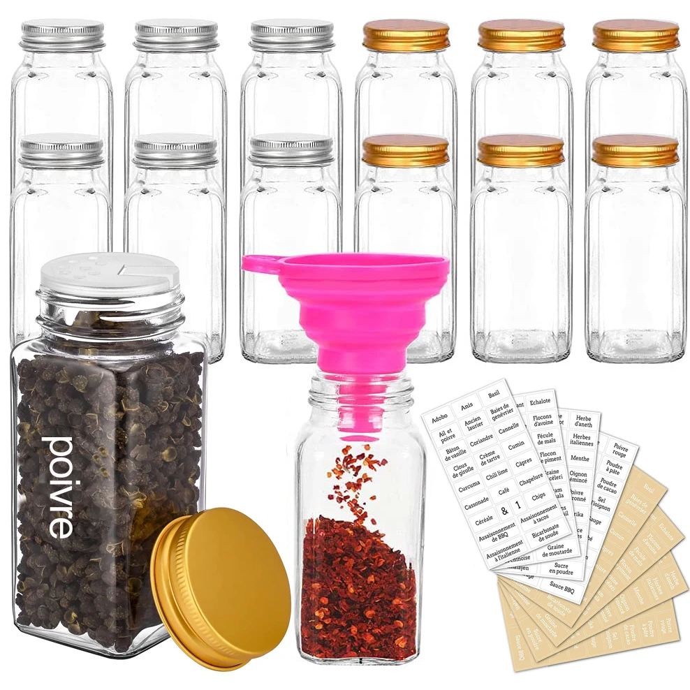 12pcs Empty Spice Jar with Labels Square Shape Pepper Salt Container Glass Spice Bottles with Shaker Lids