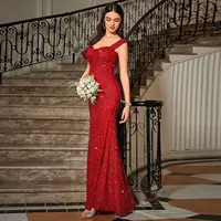 Ele High-Waist Long Dr with Sequins V-Ne Strap Fi-Tail Design Pure Color Midi Dr Summer Season Women's Faion 2