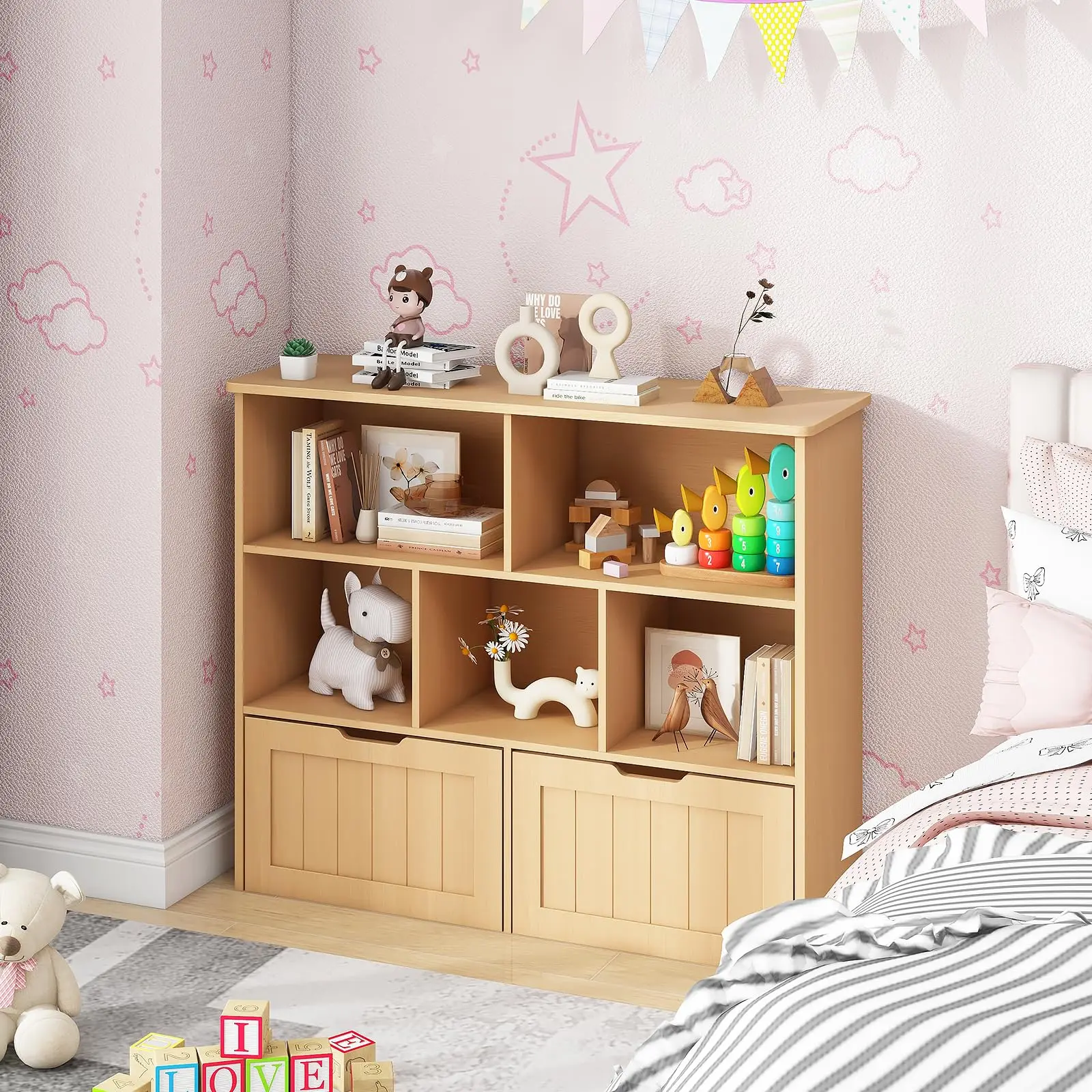 Vabches Kids Bookshelf Toy Storage Organizer Wooden Children's Bookcase with 2 Drawers on Wheels&5 Storage Cubbies for Playroom 3