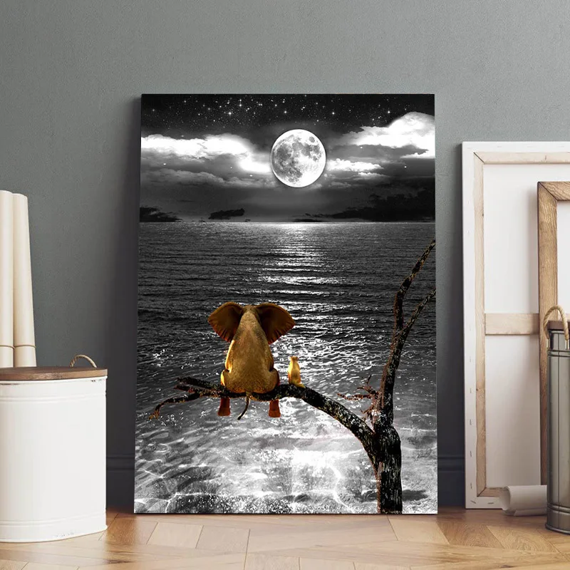 

Canvas Painting Poster Animal Baby Elephant Looking Earth Under the Night Sky , Prints Wall Art Pictures ,Living Room Home Decor