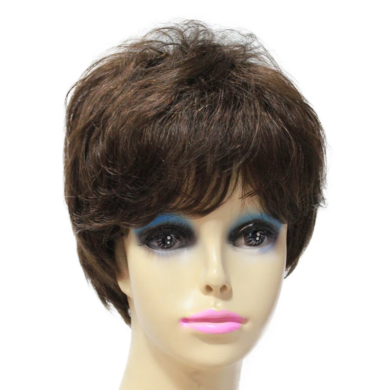 

100% Synthetic Hair full Wigs Natural looking Wig Brown Short layered curly Costume Full Wig for Women with bangs
