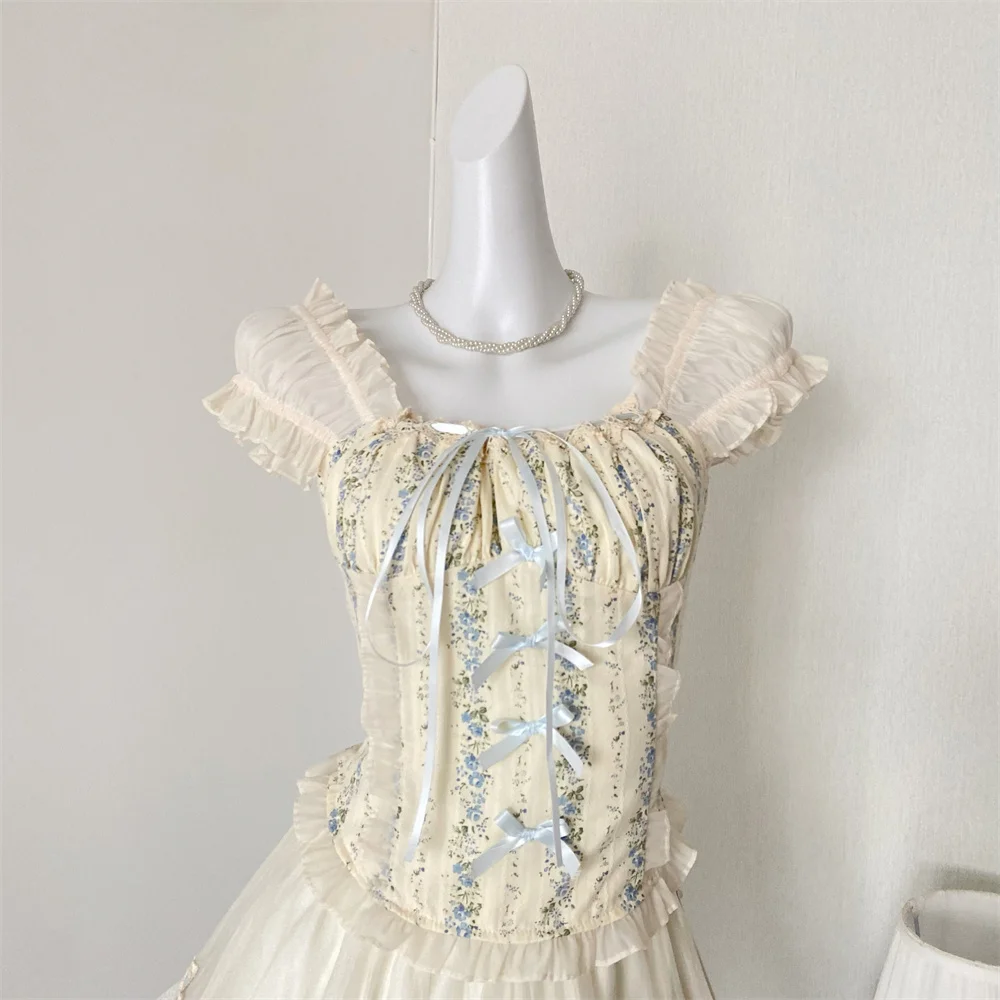Y2K Two-piece Skirt Set Off Shoulder Square Collar Lace-up Cropped Top A-line Mini Skirt Sweet Summer New Slim Princess Outfits