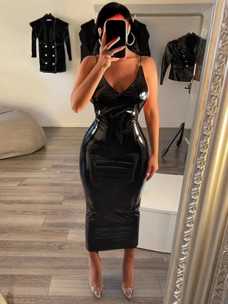 PU Leather Ladies Halter Dresses Pure Color Sexy V-Neck Sleeveless Backless Top Women's Spaghetti Strap Long Bodycon Dress
