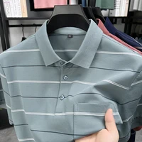 Polo con bolsillo a rayas para hombre, camiseta de manga corta con cuello de solapa, ropa de golf informal de mezcla de algodón para negocios de verano