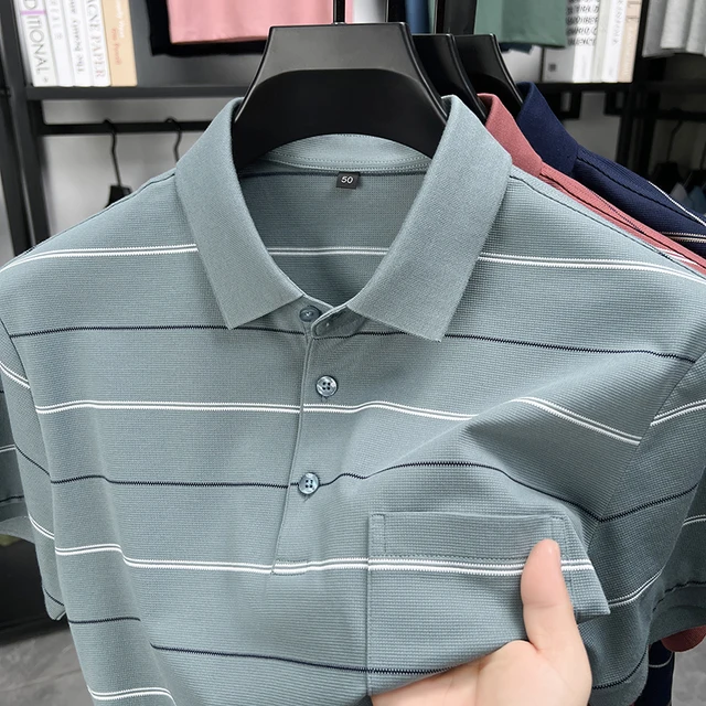 Polo con bolsillo a rayas para hombre, camiseta de manga corta con cuello de solapa, ropa de golf informal de mezcla de algodón para negocios de verano