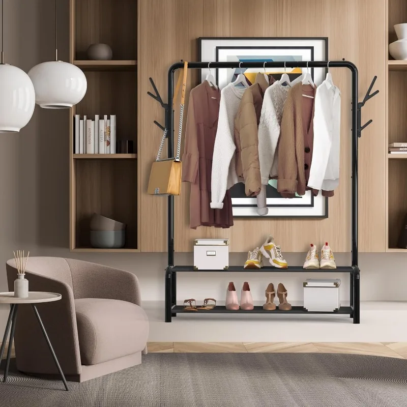 Garment Rack with Storage Shelves and Coat/Hat Hanging Hooks 4