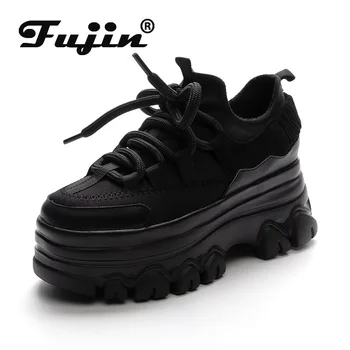 Fujin 플랫폼 웨지 스니커즈, 천연 가죽 여성 신발, 청키 스니커즈, 봄 가을 따뜻한 모피 겨울 신발, 9cm