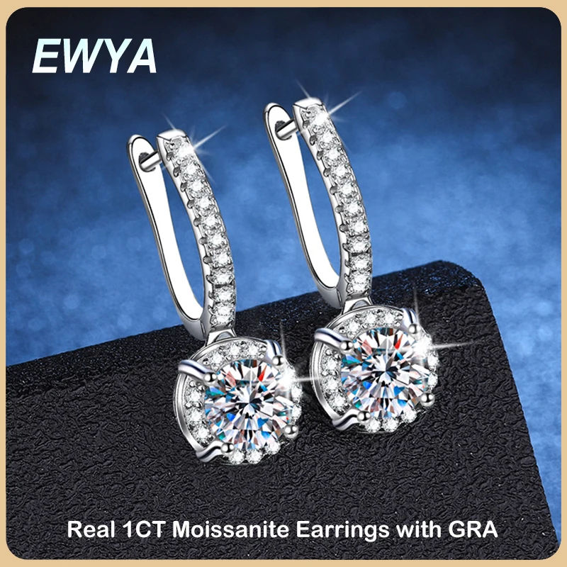 

EWYA Luxury 100% Real 1CT D Color Moissanite Dangle Earring for Women Girls S925 Silver Plated Platinum Diamond Drop Earrings