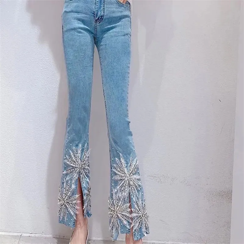 

Female Clothing Korean Fashion Exquisite Rhinestone Beaded Jeans Women Stretchy Slit Flared High Waist Women Denim Pants Ladies