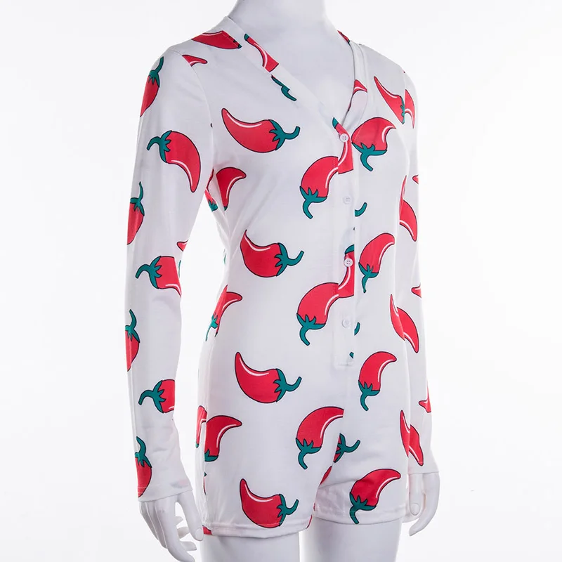 Women Long Sleeve Low Cut Bodycon Sleepwear Spicy Print Short Romper Pajamas Overalls Spring Autumn Housedresses