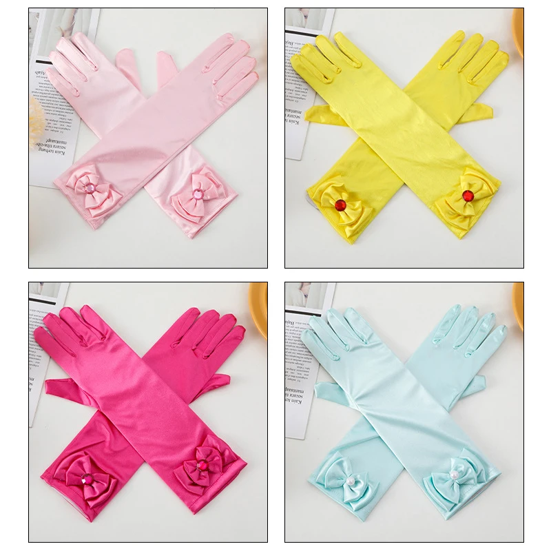 Girls Princess Accessories Kids Satin Bow Elsa Cinderella Gloves for Costume Children Birthday Halloween Party Cosplay Gift 4