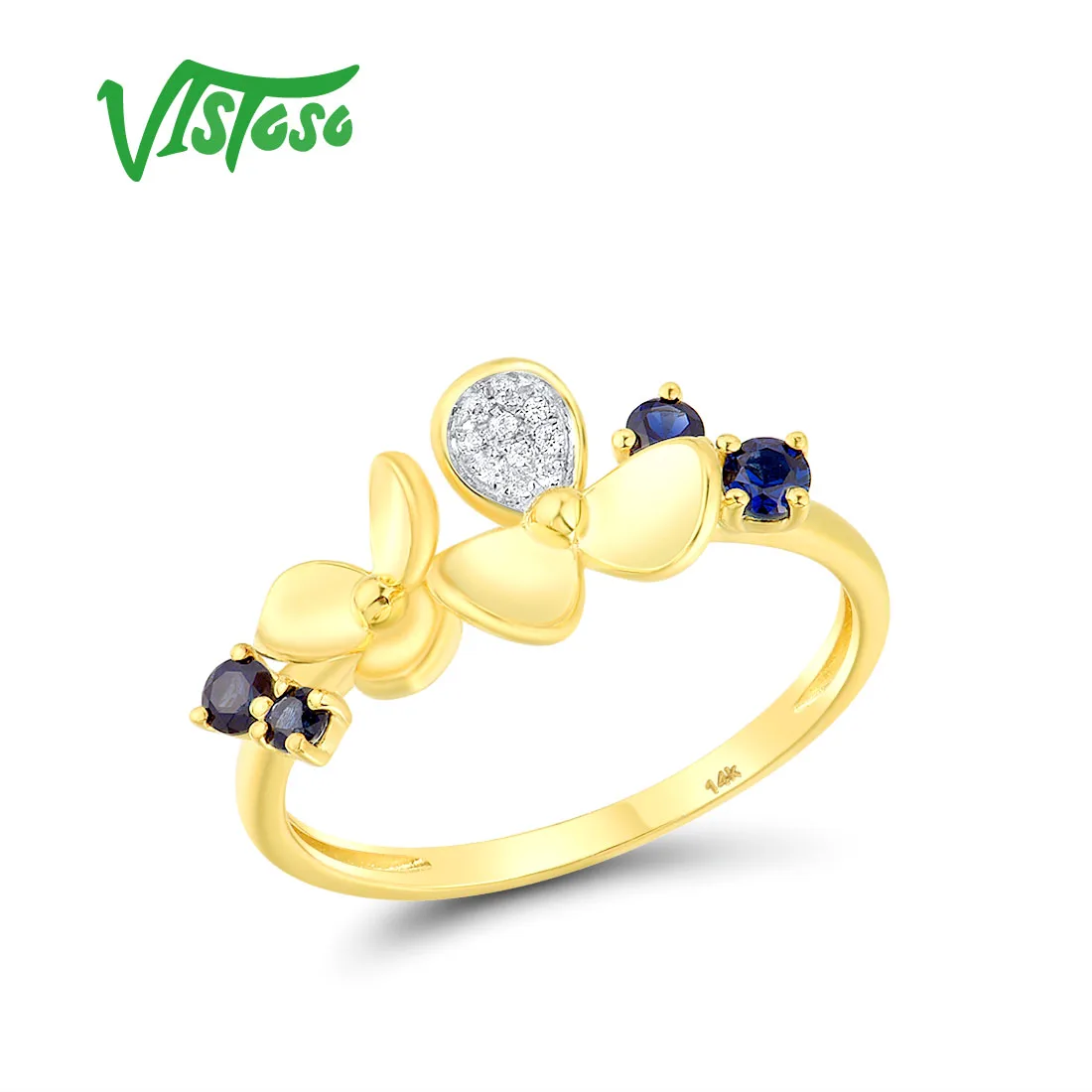 

VISTOSO Genuine 14K 585 Yellow Gold Rings For Women Blue Sapphire Diamond Flower Anniversary Wedding Gifts Delicate Fine Jewelry