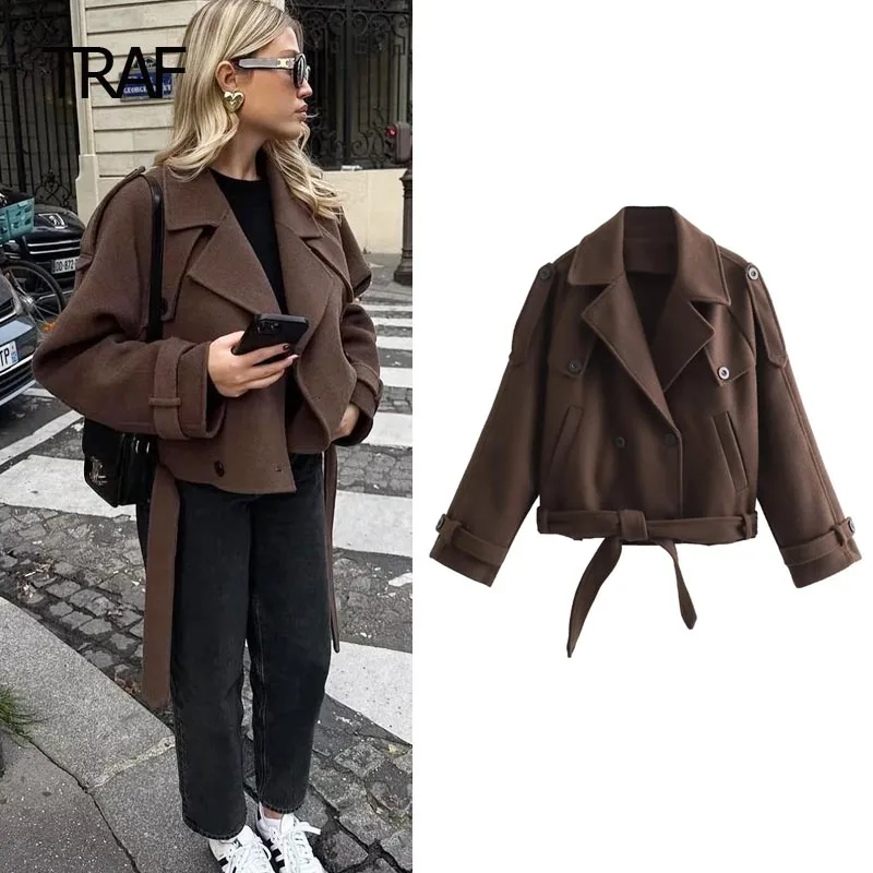 

TRAF Women's Bomber Jacket Autumn Winter Cropped Trench Coat Long Sleeves Top With Belt New In Coats Demi-Season Coats For Women