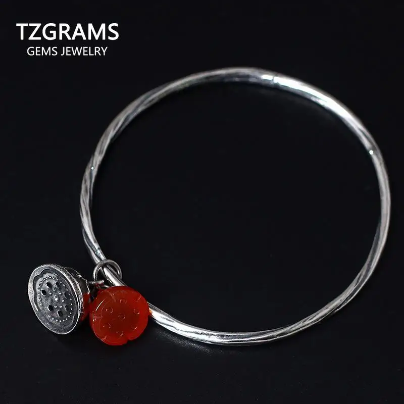 

GQTORCH 925 пробы Серебряный винтажный браслет, очаровательные браслеты для женщин с красным агатом, красивый Лотос