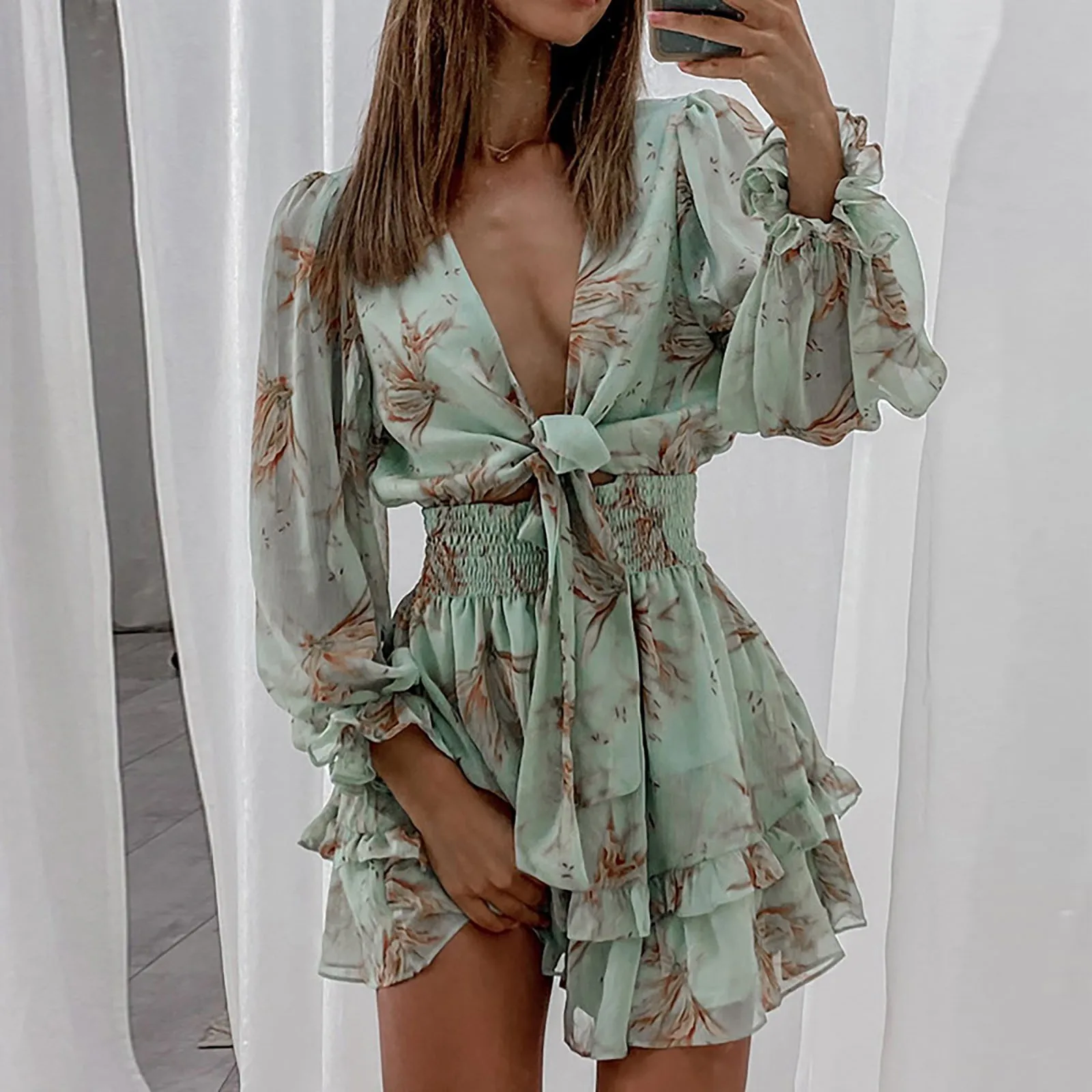 

Fashion Printed V Neck Lace-Up Shorts Sets Summer Casual Long Sleeves Beach Holiday Party Chiffon Women'S Clothing Elegant Suits