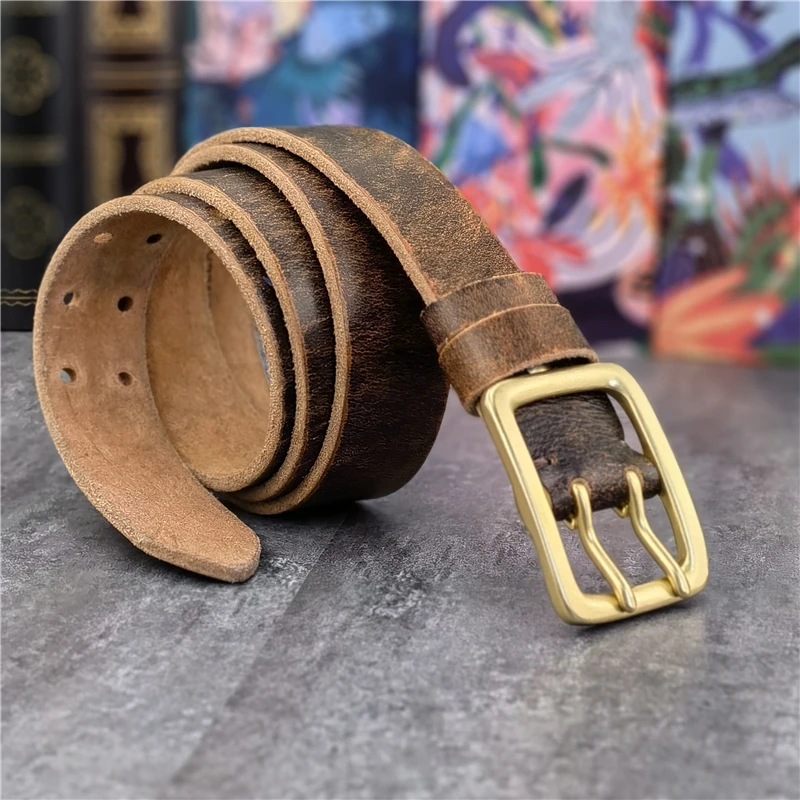 38MM Double Pin Solid Brass Belt Buckle Genuine Leather Belt Men