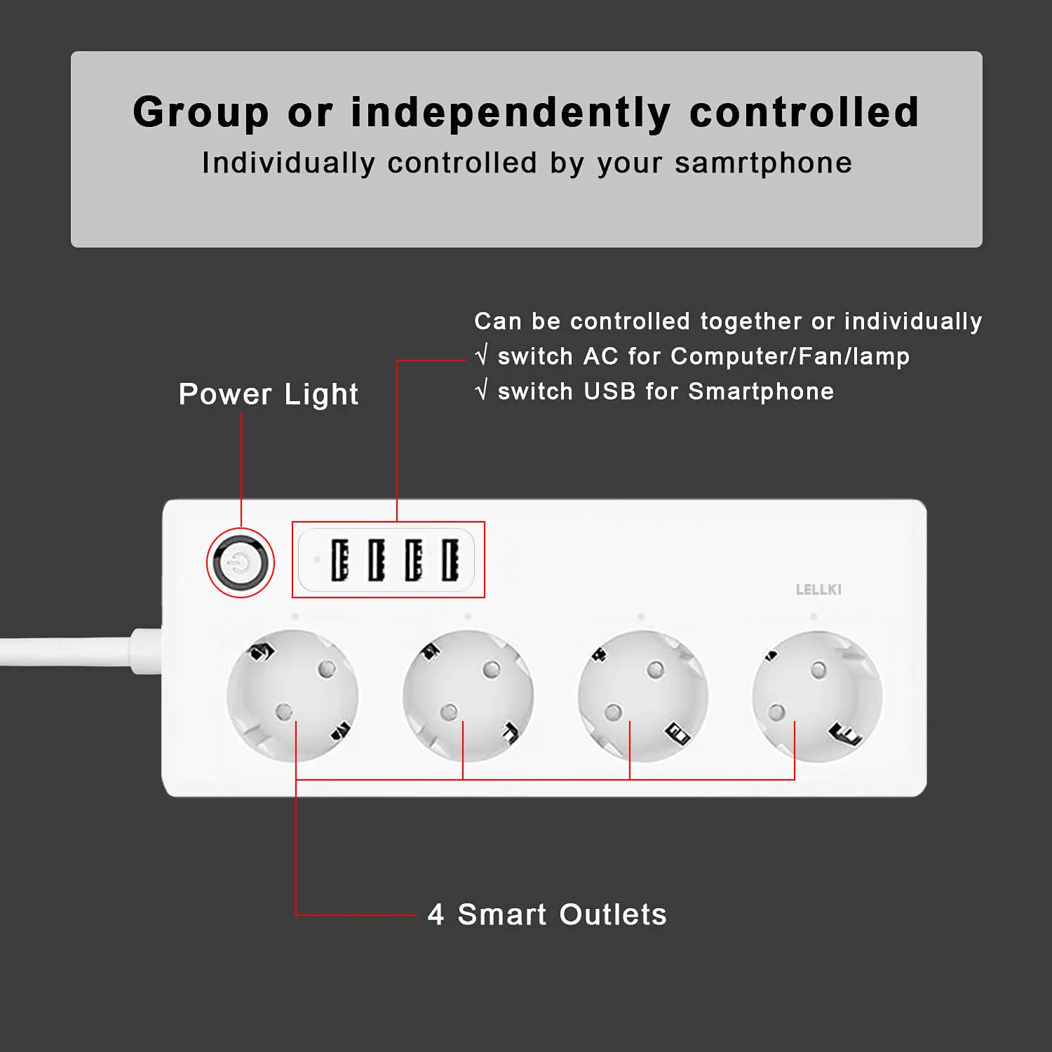 UseeLink Alexa - Regleta inteligente de 16 A, WiFi con 4 salidas