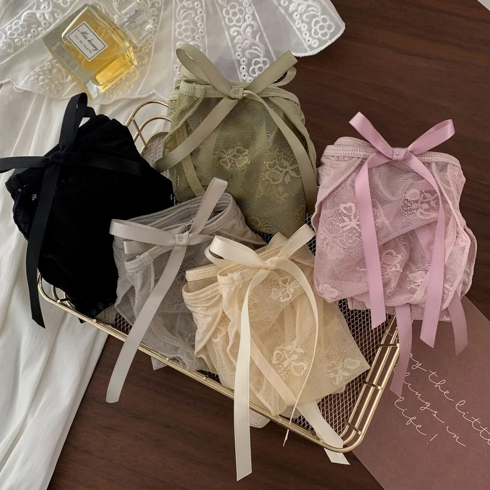 

Sexy Lace Mesh Breathable Low-Rise Underpants Delicate Bow Low-Rise Female Lingerie Comfortable Soft Silk Mesh Up Panties