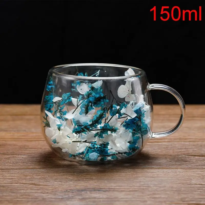 Elegant Double-Layer Glass Cup with Dried Flower Embellishment, Heat-Resistant