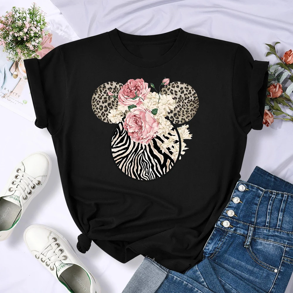 Camiseta con estampado Floral de y leopardo para mujer, camisetas manga corta de Disney, camisetas Mickey Mouse, ropa para mujer _ - AliExpress