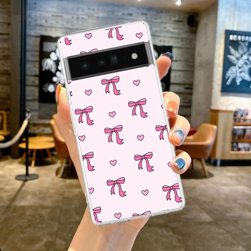 Elegant Soft Clear TPU Phone Case with Cute Pink Heart and Bow Design