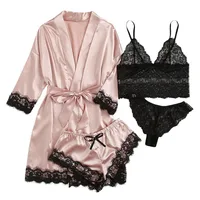 Nouveau salon de sommeil pour femmes nouveaux ensembles de pyjama ensemble européen américain 4 pièces avec dentelle satin jarretelle ensemble d'été pour dormir pyjamas 3