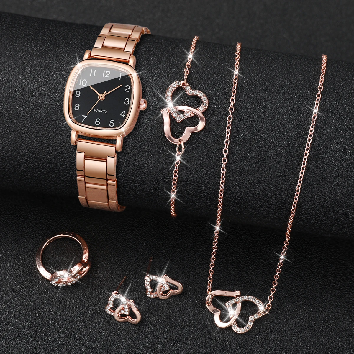 5PCs/Set Women's Square Watch Small Head Steel Band Quartz Watch Jewelry Set
