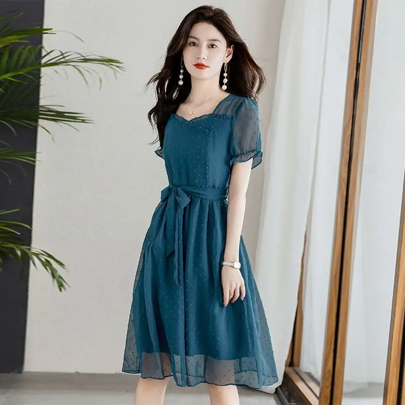 

Elegant Gauze Ruffles Bandage Puff Sleeve Party Dress Women's Clothing 2024 Summer New Loose Office Lady Short Sleeve Dress