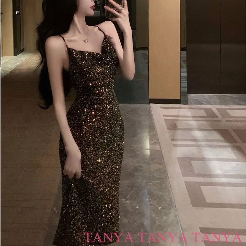 

Bling Bling Sequined Mermaid Evening Dresses V-Neck Spaghetti Straps Criss-Cross Backless Woman Cocktail Party Prom Gowns SWD982