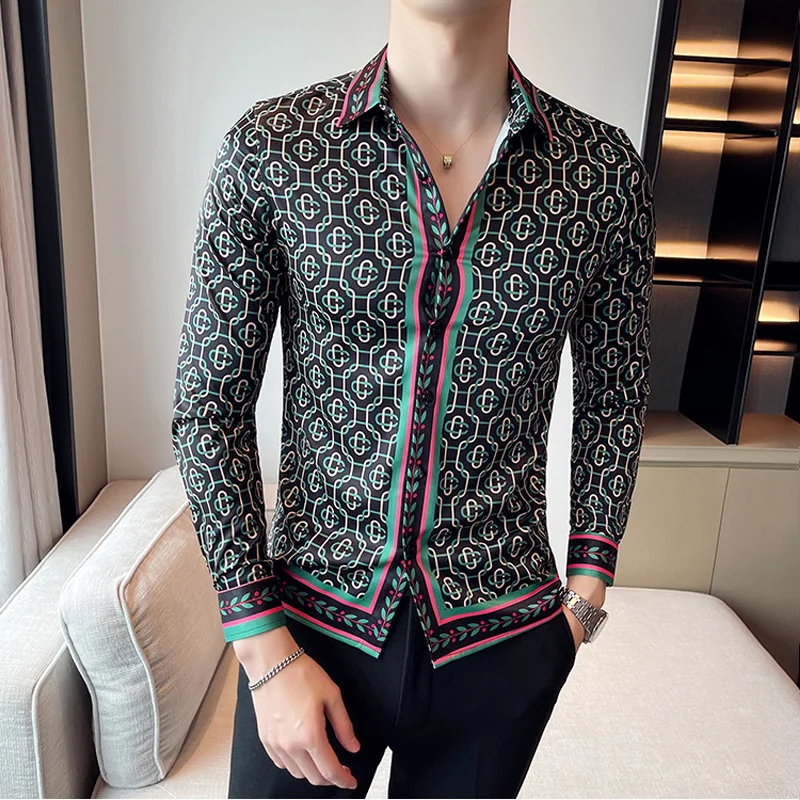 Luxury Mens Shirts Dress Fashion Striped Printed Long Sleeve