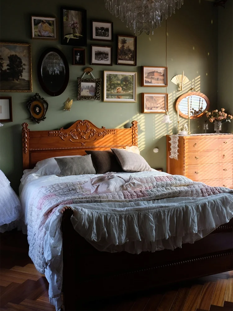Camille's Love Letter Diary All Solid Wood Double Bed Vintage Log Carved Light Luxury 8