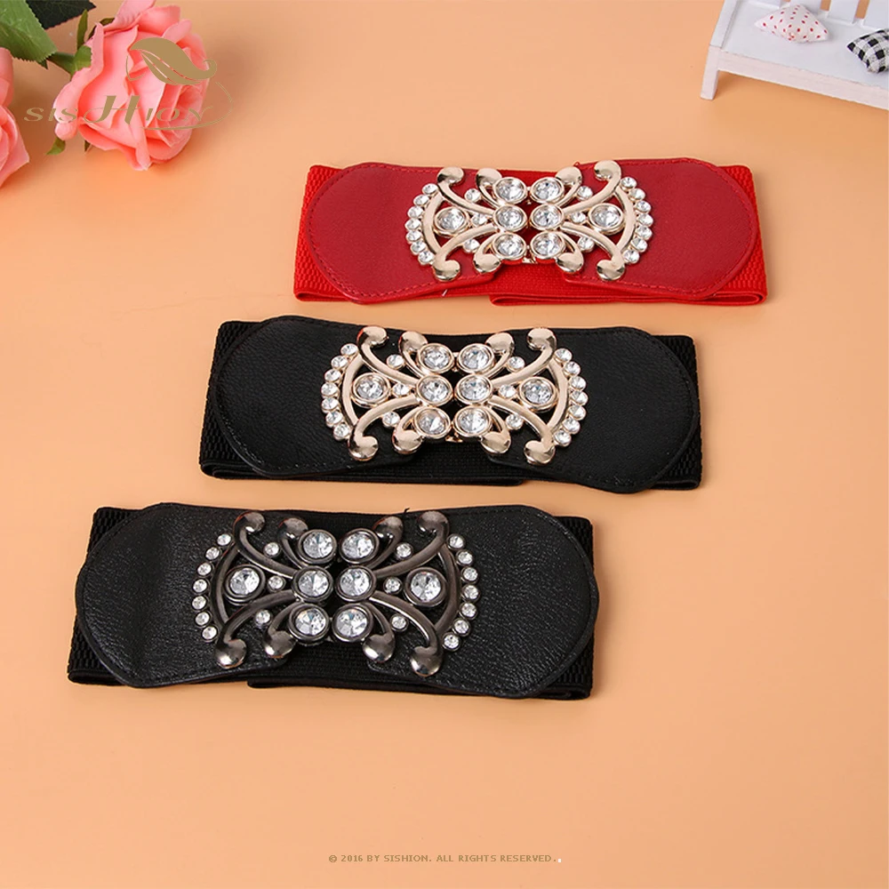 

SISHION Women Fashion Beadings Waist Belt SCB0125 Black Red Elastic Wide Corset Belts for Dress Accessories
