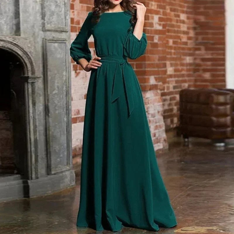 long sleeve maxi christmas party dress Casual A Line Chiffon V-neck Long Sleeve Evening Dress with Pleats and Split Front