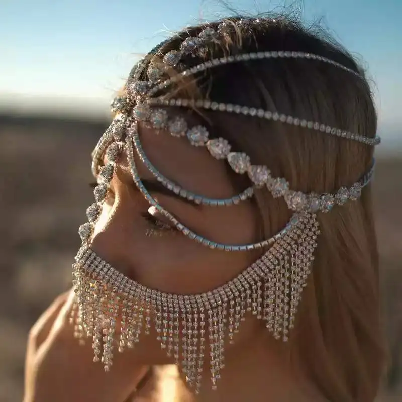 New Trendy Round Dome Hanging Beard Tassel Chain Mask Head Chain Jewelry Punk Style Metal Head Hood Head Chains Jewelry